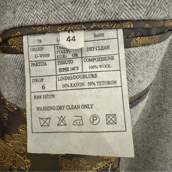 Firado Italia Gray Wool Men’s Blazer Jacket 44R Super 140’s - Picture 8 of 10